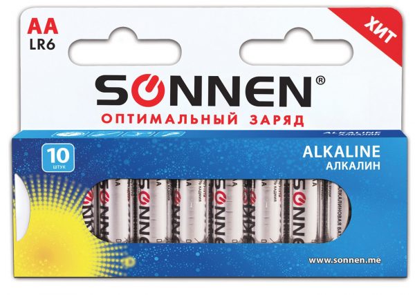 батарейки SONNEN Alkaline, АА (LR06, 15А), алкалиновые,пальчиковые,КОМПЛЕКТ 10 шт., в коробке