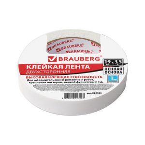 клейкая двухсторонняя лента 19 мм х 3,5 м, НА ВСПЕНЕННОЙ ОСНОВЕ, 1 мм, прочная, BRAUBERG