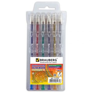 ручки гелевые BRAUBERG, набор 6 шт., "Jet", чернила с блестками, узел 1 мм, линия 0,8(12)
