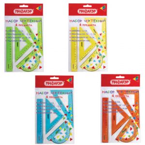 набор чертежный ПИФАГОР (линейка 16 см, 2 треугольника, транспортир), неоновый, прозрачный, ассорти