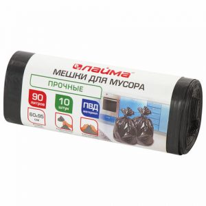 мешки д мусора 90 л, черные, в рулоне 10 шт., прочные, ПВД 25 мкм, 60х95 см, LAIMA (30)