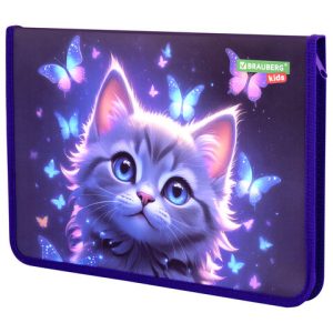 папка для тетрадей BRAUBERG KIDS А4, 1 отделение, пластик, молния вокруг, "Curious cat"