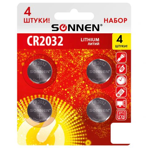 батарейки SONNEN Lithium CR2032 таблетки литиевые КОМПЛЕКТ 4 шт., блистер(20)