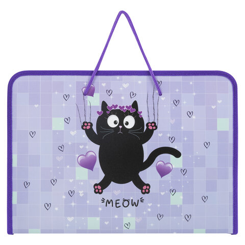 папка д труда на молнии с ручками ПИФАГОР А4, 1 отделение, пластик, органайзер, "Falling cat"