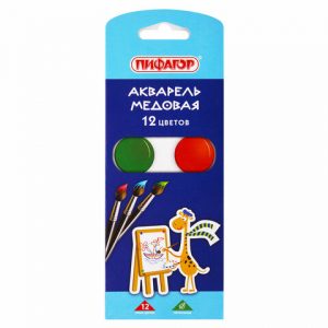 краски акварельные ПИФАГОР "ЖИРАФ" на коррексе, 12 цветов, медовые, круглые кюветы