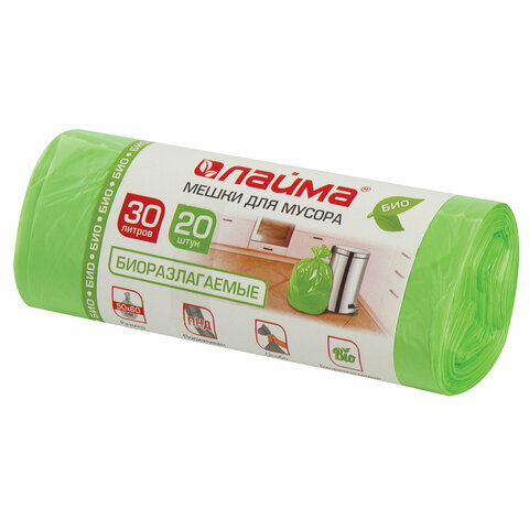 мешки д мусора 30 л, 20шт зеленые прочные ПНД 10мкм 50*60 ЛАЙМА (60)