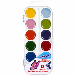 краски акварельные ЮНЛАНДИЯ "ЮНЫЙ ВОЛШЕБНИК", медовые, 12 цветов, круглые кюветы, пластик, 192358