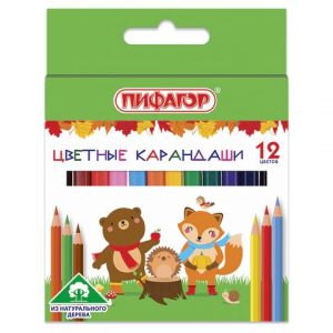 карандаши цветные ПИФАГОР "Малыши Карандаши", 12 цветов, укороченные натуральное дерево