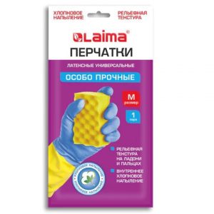 перчатки резиновые LAIMA "БИКОЛОР",сине-желтые,ОСОБО ПРОЧНЫЕ,латексные,хлопк. напыление,размер M