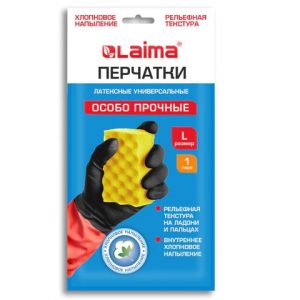 перчатки резиновые LAIMA "БИКОЛОР",черно-красные,ОСОБО ПРОЧНЫЕ,латексные,хлопк. напыление,размер L