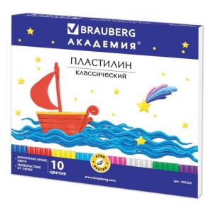 пластилин классический BRAUBERG "АКАДЕМИЯ", 10 цветов, 200 г, со стеком, картонная упаковка