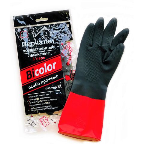 перчатки резиновые БИКОЛОР BiColor латекс. черно-красные,размер XL, хлопчатобум. напыление,вес 70гр.