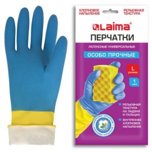 перчатки резиновые LAIMA "БИКОЛОР",сине-желтые,ОСОБО ПРОЧНЫЕ,латексные,хлопк. напыление,размер L