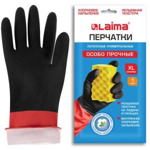 перчатки резиновые LAIMA "БИКОЛОР",черно-красные,ОСОБО ПРОЧНЫЕ,латексные,хлопк. напыление,размер XL