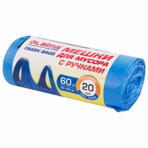 мешки д мусора LAIMA ULTRA  60л.20шт.,15 мкм  синие, в рулоне, С РУЧКАМИ ,ПНД , 60х80 см (25)