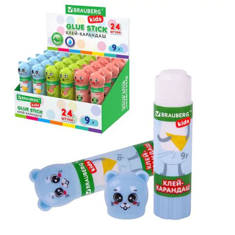 клей-карандаш BRAUBERG KIDS 9 г, "Зверята: кошка, мышка, хрюшка", фигурный колпачок, (24)