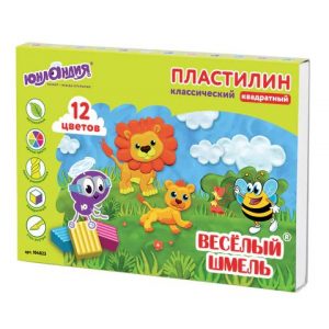 пластилин классический 12 цветов ЮНЛАНДИЯ "ВЕСЁЛЫЙ ШМЕЛЬ", 204 г, СО СТЕКОМ, КВАДРАТНЫЙ