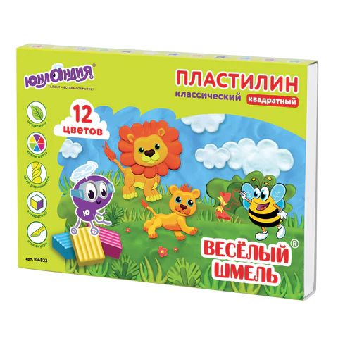 пластилин классический 12 цветов ЮНЛАНДИЯ "ВЕСЁЛЫЙ ШМЕЛЬ", 204 г, СО СТЕКОМ, КВАДРАТНЫЙ