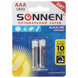 батарейки КОМПЛЕКТ 2 шт., SONNEN Alkaline, AAA (LR03, 24А), алкалиновые, мизинчиковые, в блистере