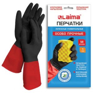 перчатки резиновые LAIMA М "БИКОЛОР",черно-красные,ОСОБО ПРОЧНЫЕ,латексные,хлопк. напыл. вес 55гр.