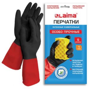 перчатки резиновые LAIMA  S "БИКОЛОР" черно-красные, ОСОБО ПРОЧНЫЕ, хлоп. напыление, вес 52 г