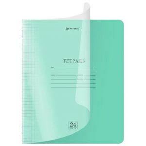 тетрадь 24 л. BRAUBERG клетка, ОБЛОЖКА ПЛАСТИК(прозрачный ) , зеленая
