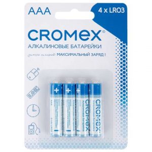 батарейки CROMEX Alkaline, алкалиновые "мизинчиковые" КОМПЛЕКТ 4 шт., AAA (LR03, 24А), блистер